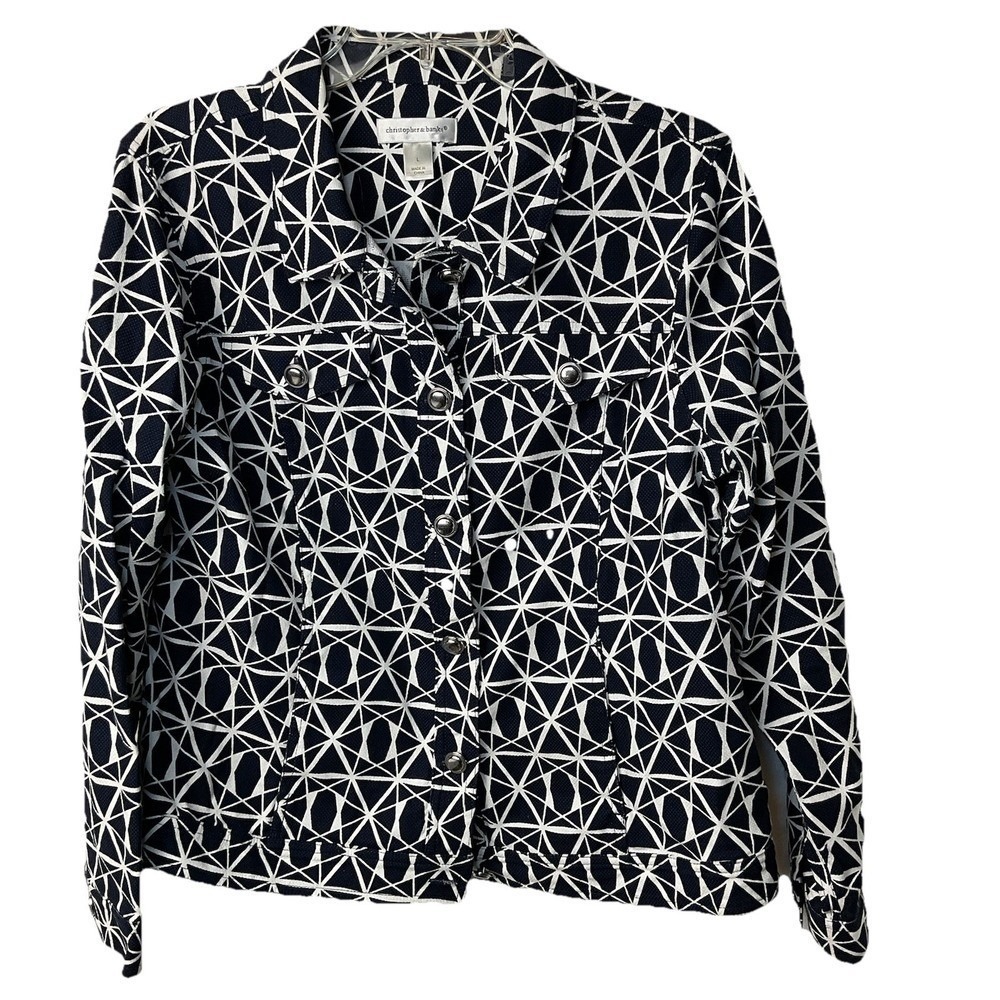 Women's Blazer Jean Jacket Size Large Blue Geo Print Button Up Lightweight